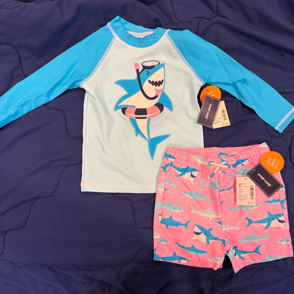 Gymboree Boys' Blue & Pink Shark Rashguard Bathing Suit Set